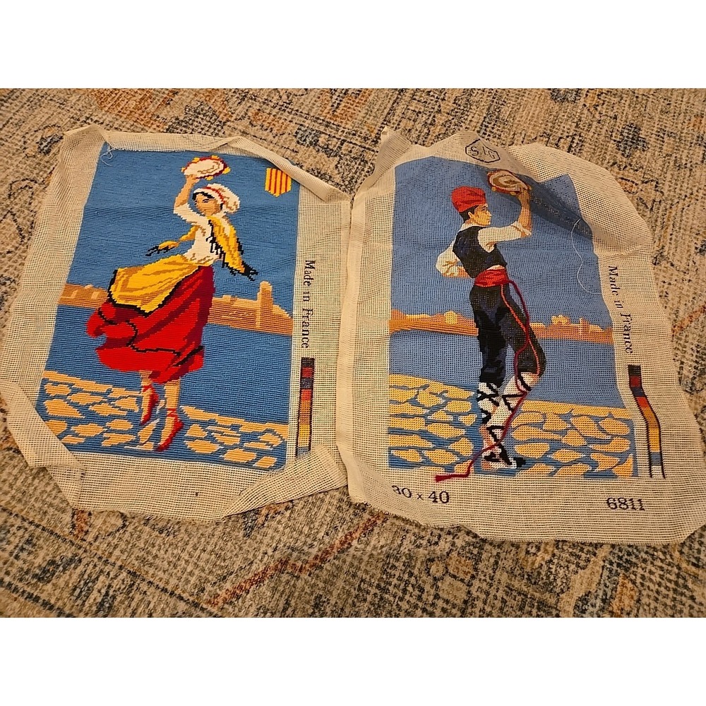 Vintage SEG Needlepoint Canvas Lot Spanish Basque Dancers Made in France 6811